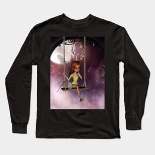 Little fairy on a swing with dragonfly in the night Long Sleeve T-Shirt